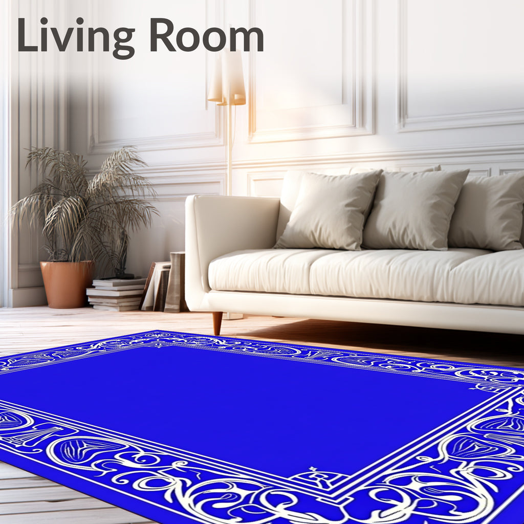 Vibrant Blue Ornate Floral Border Rug