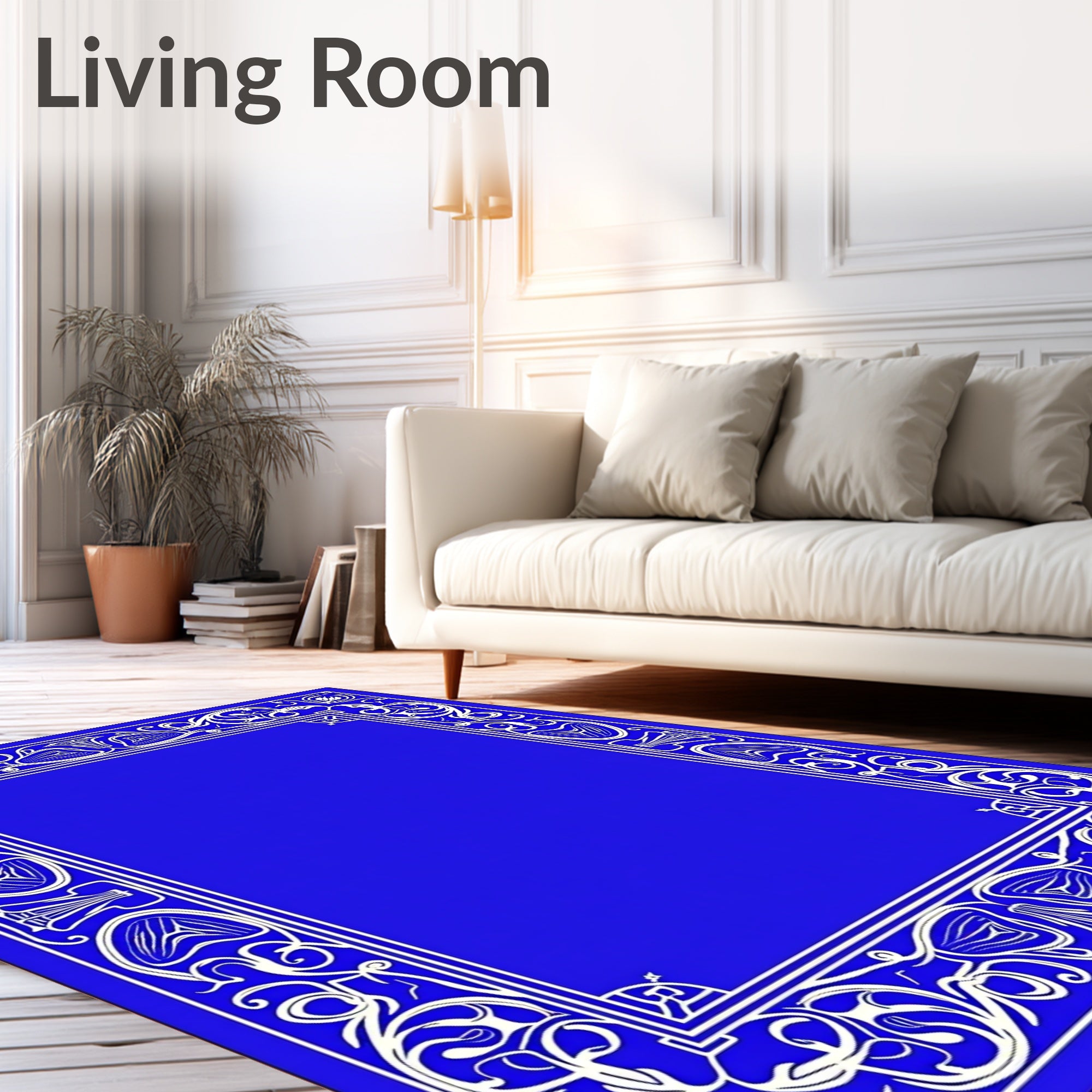 Vibrant Blue Ornate Floral Border Rug