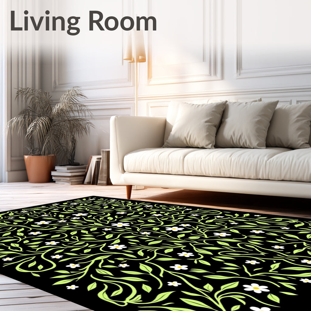 Whimsical White Daisy Vine Swirl Rug