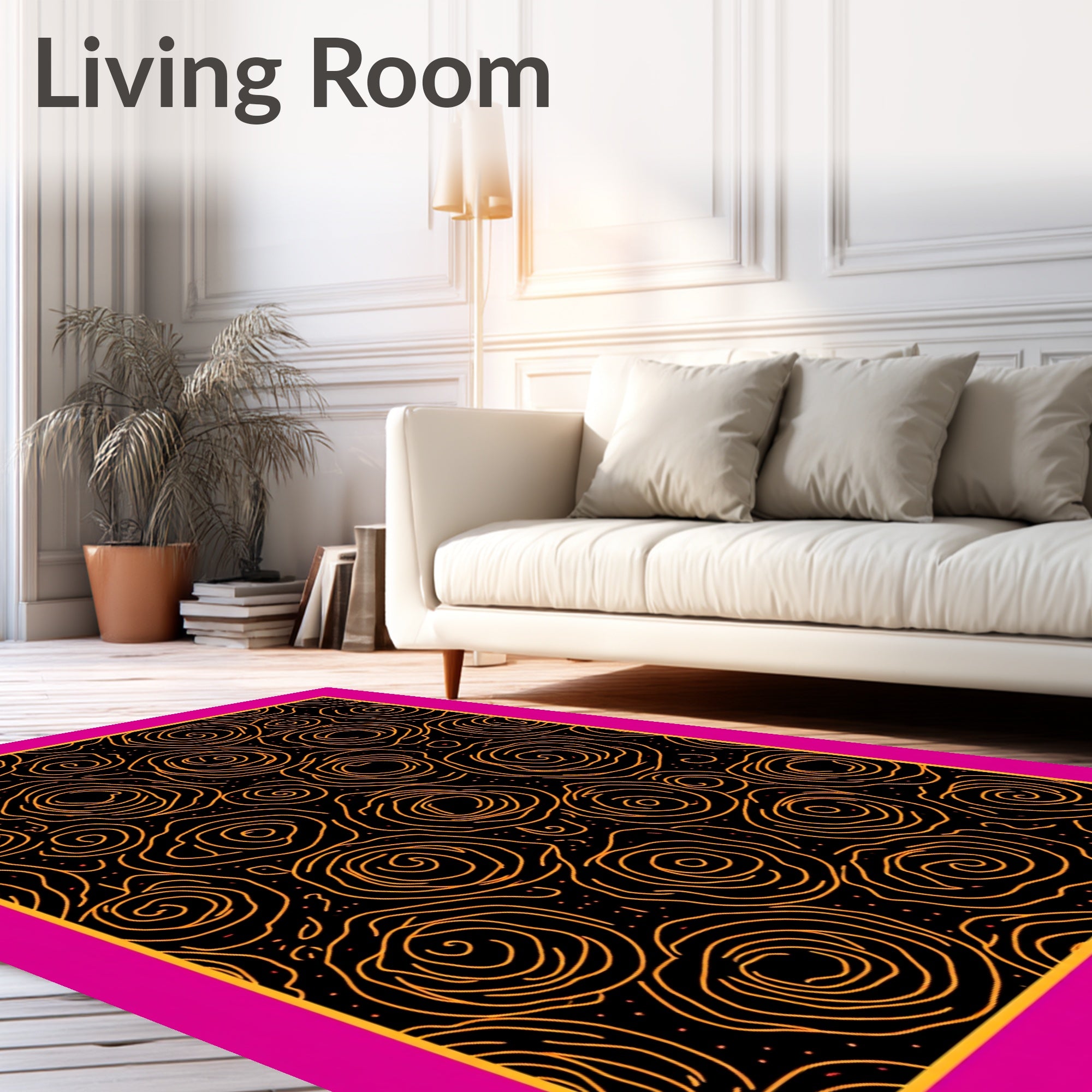 Orange Swirl Roses Black Background Rug