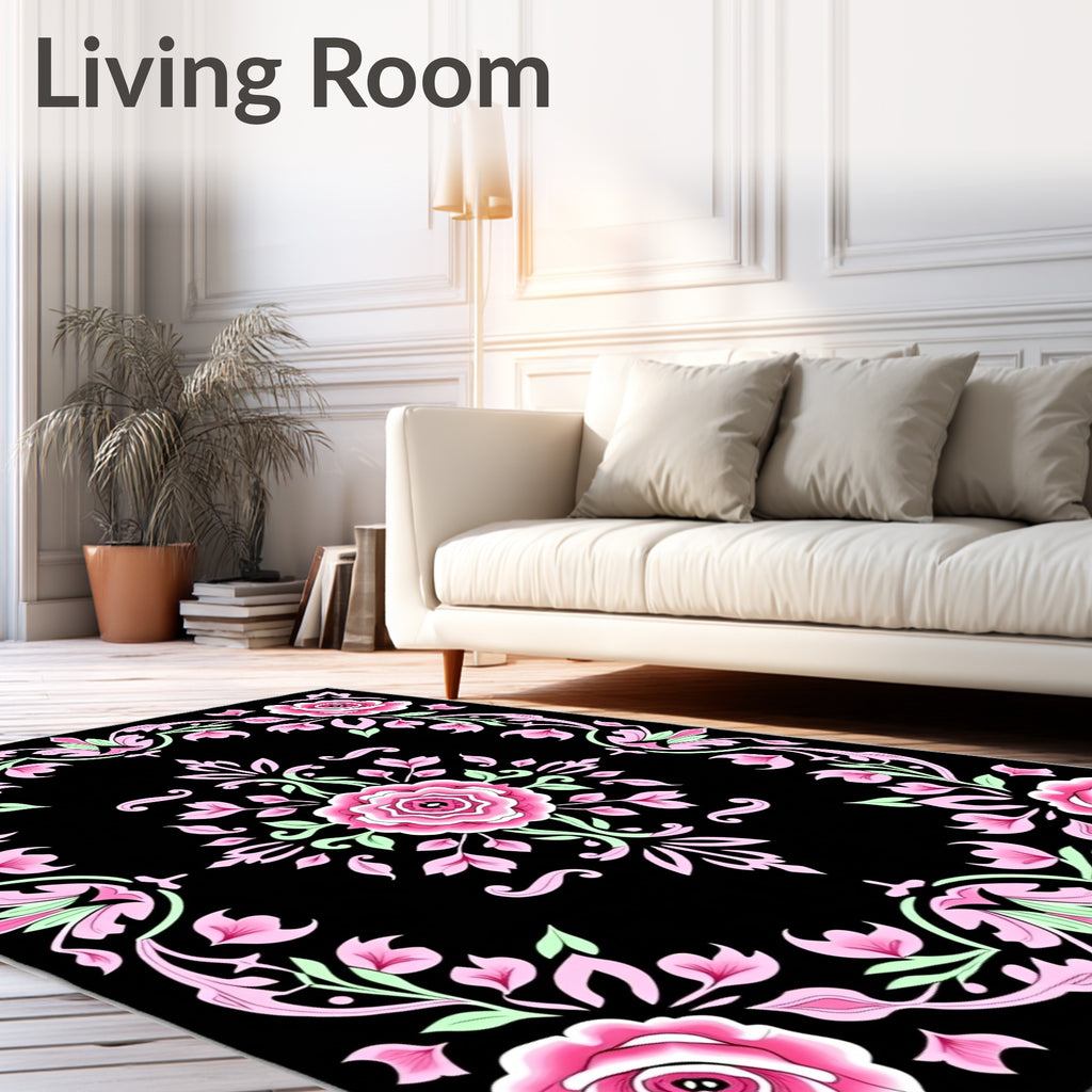 Pink Rose Garden Black Backdrop Rug