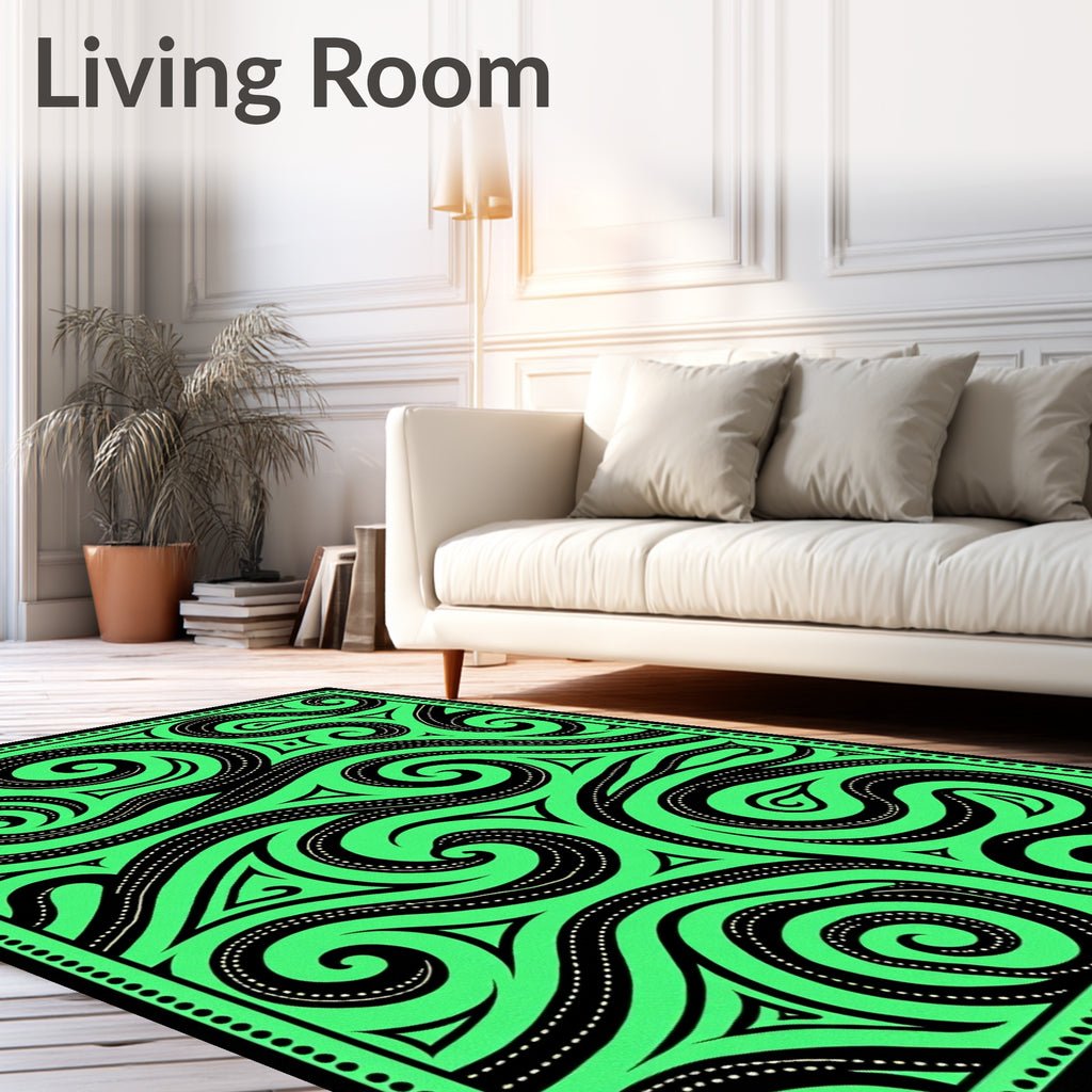 Abstract Black Swirls Green Rug