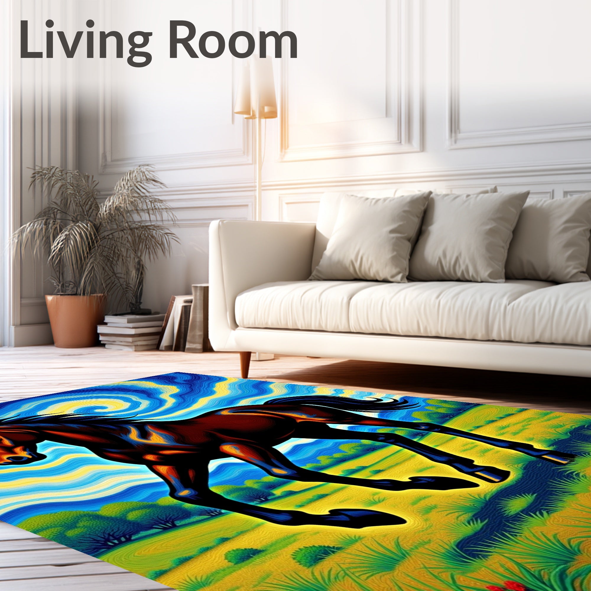 Vibrant Horse Galloping Under Swirling Sky Rug