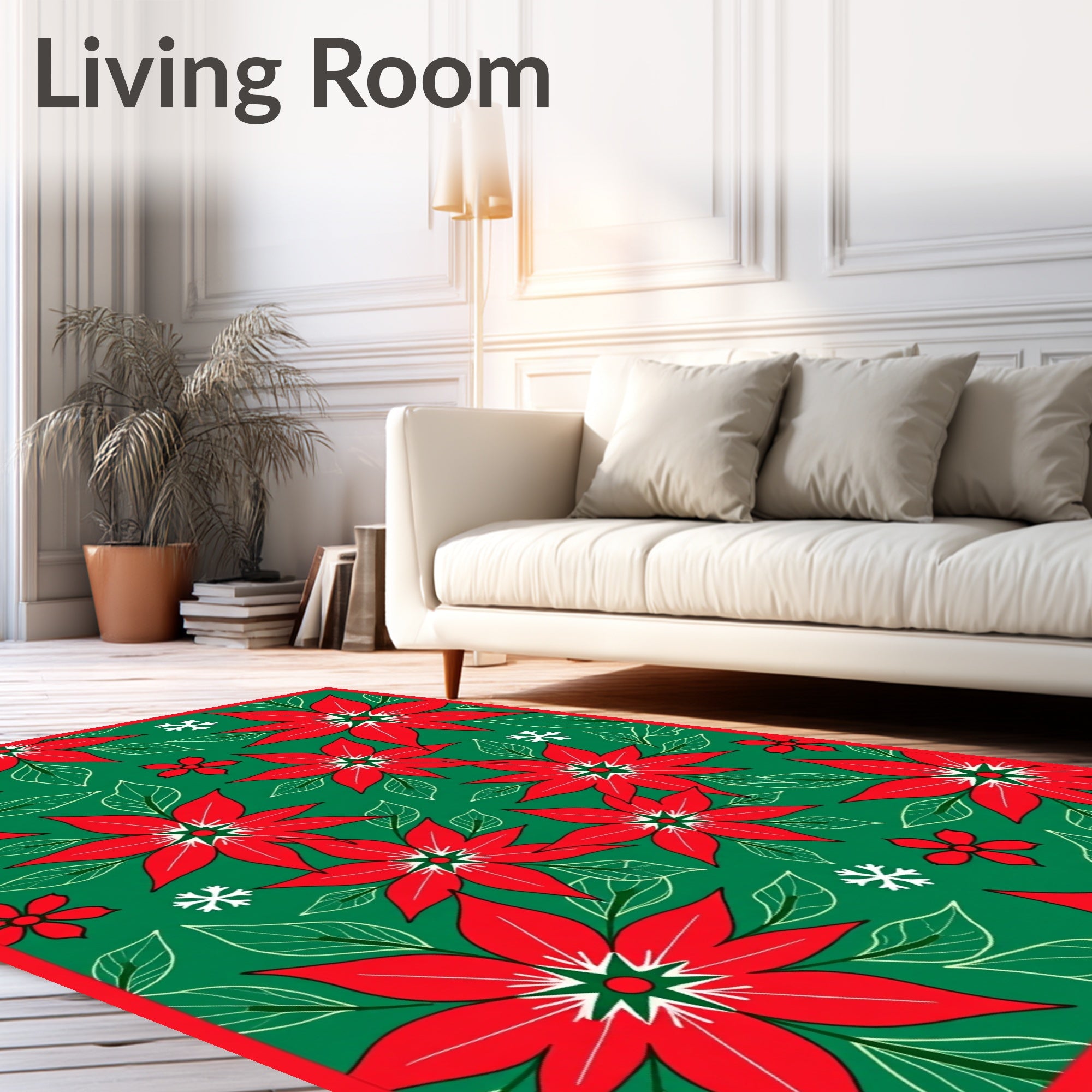 Crimson Poinsettia Snowflakes Emerald Rug