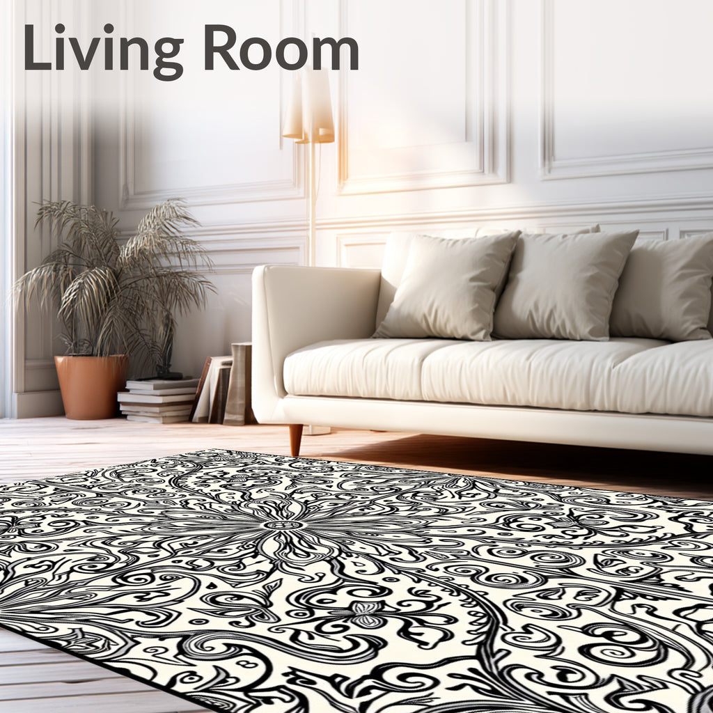 Black Ivory Floral Scrollwork Rug