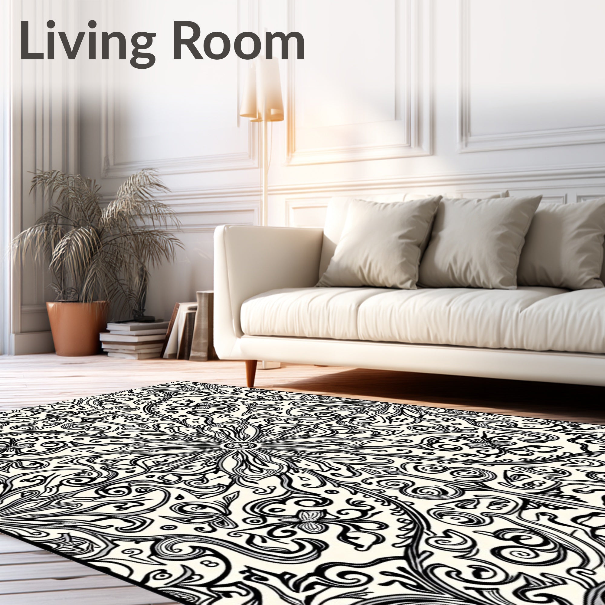Black Ivory Floral Scrollwork Rug