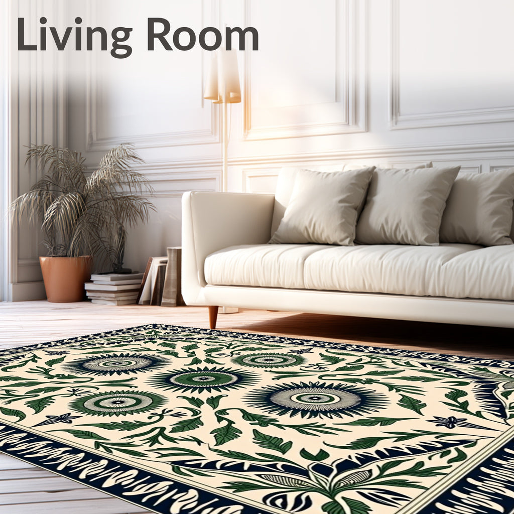Classic Green Floral Sunburst Border Rug
