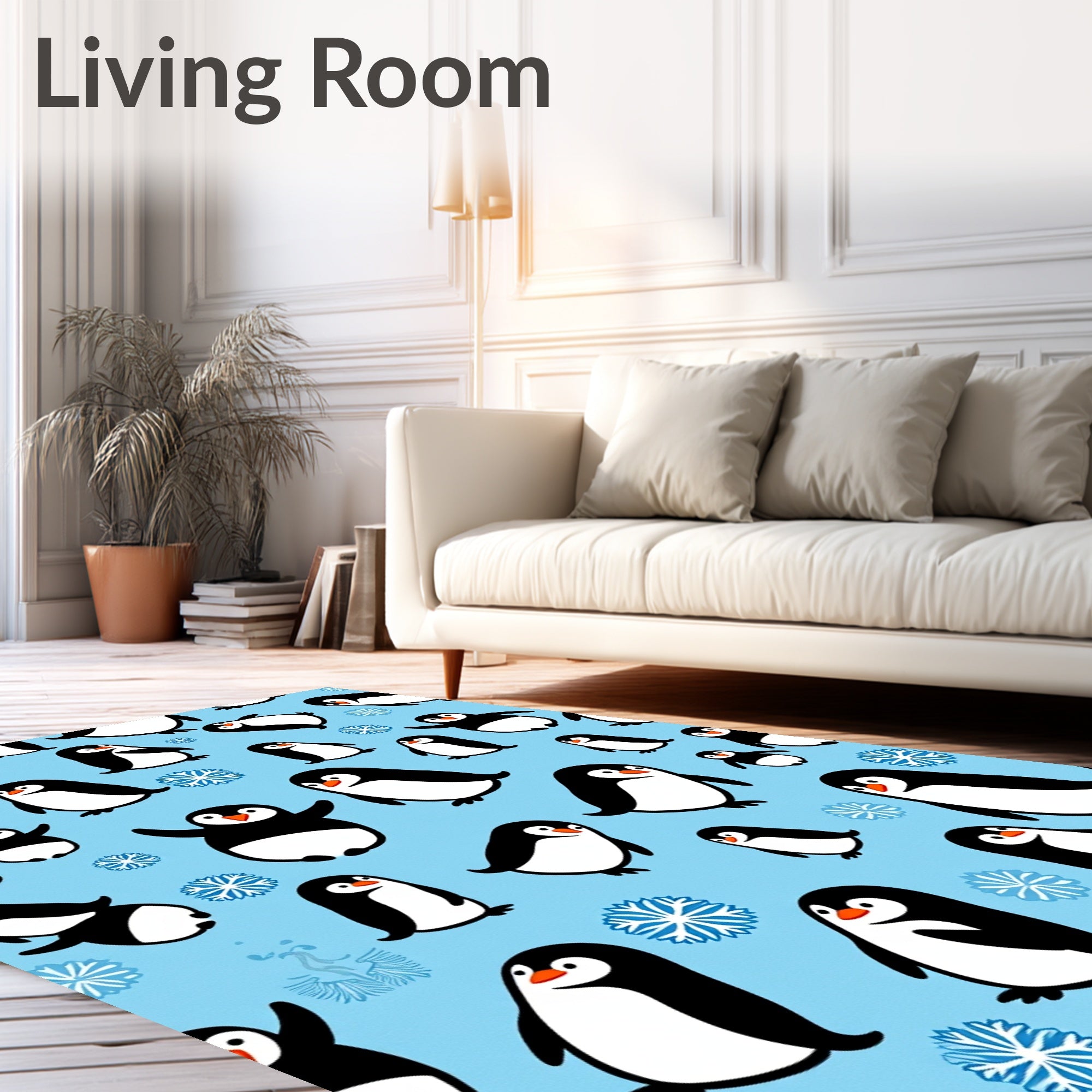 Playful Penguins on Blue Background Rug