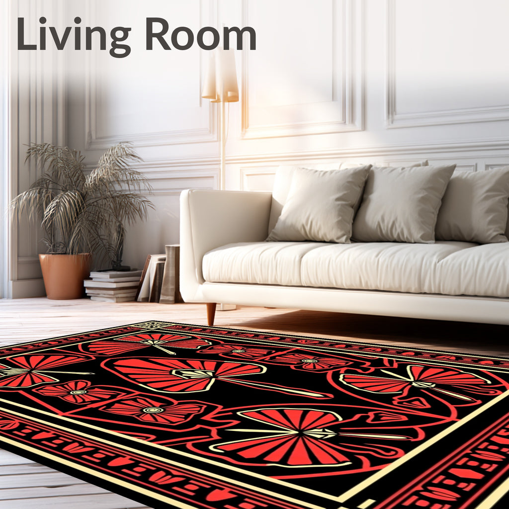 Crimson Black Fan Lotus Art Deco Rug