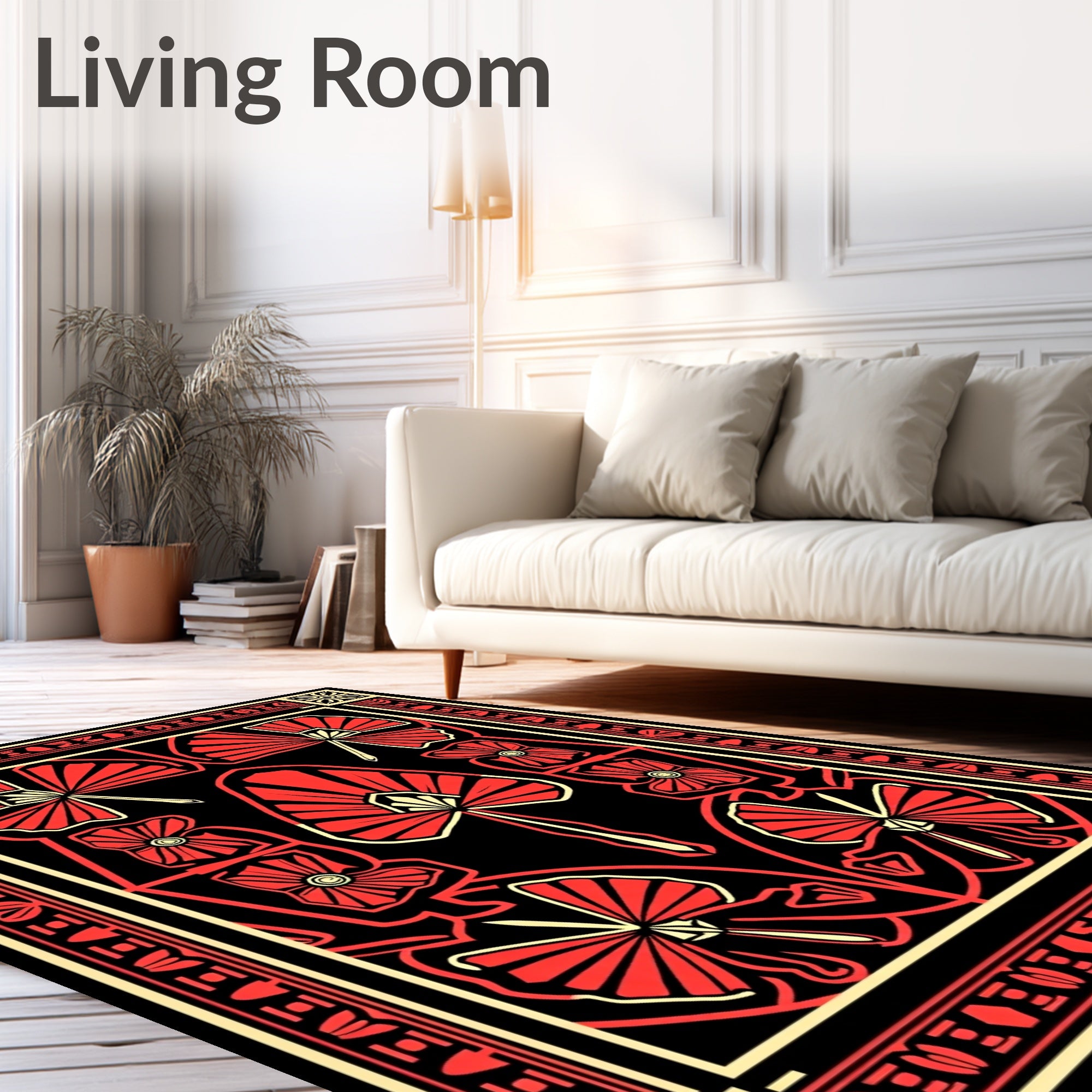 Crimson Black Fan Lotus Art Deco Rug