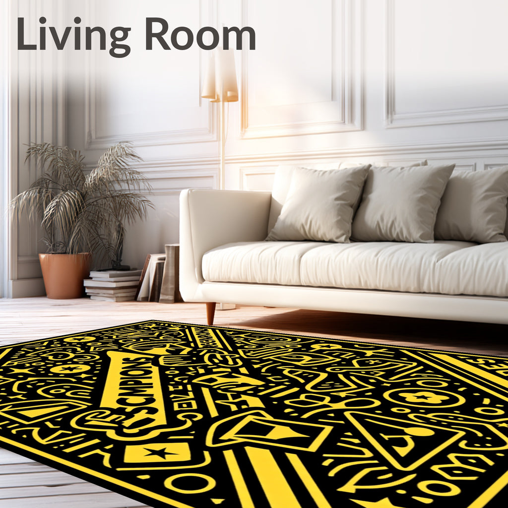 Bold Yellow Retro Doodle Collage Rug