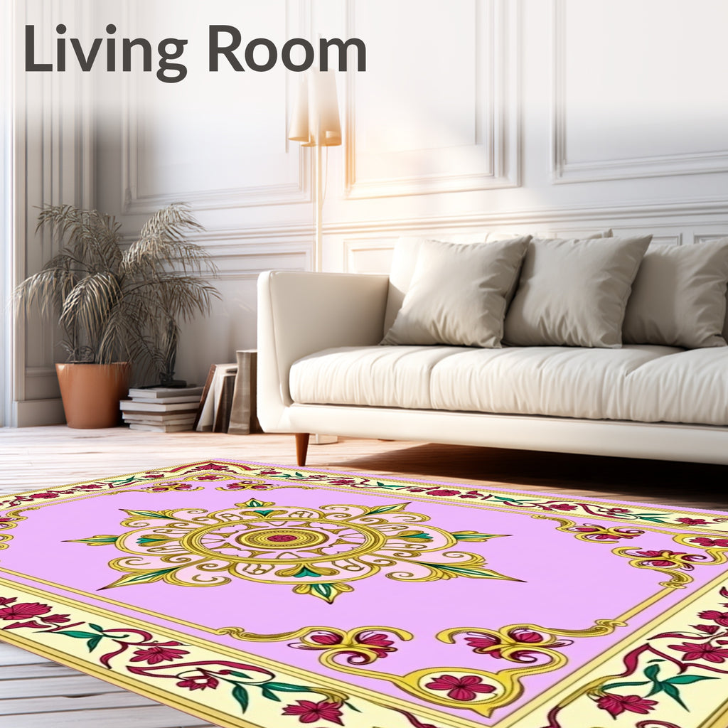 Ornate Pink Floral Gold Medallion Rug