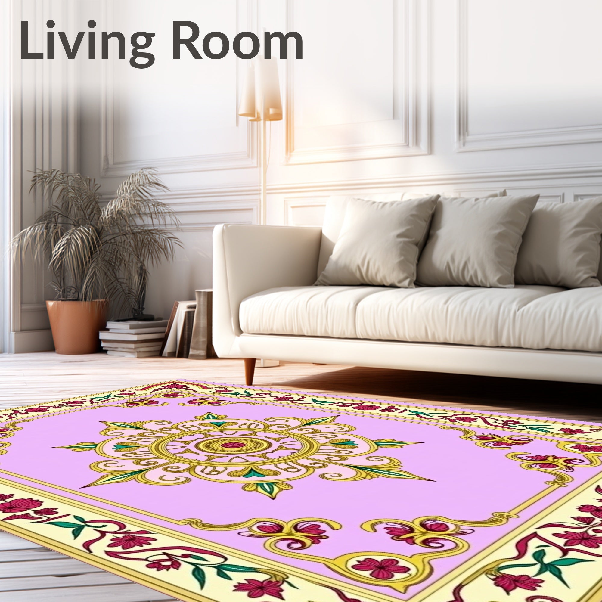 Ornate Pink Floral Gold Medallion Rug