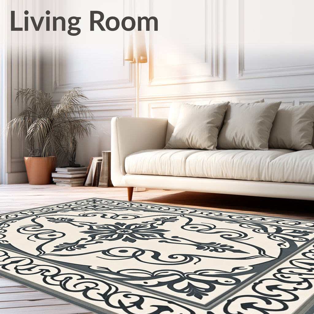 Cream Charcoal Damask Floral Medallion Rug