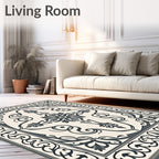 Cream Charcoal Damask Floral Medallion Rug