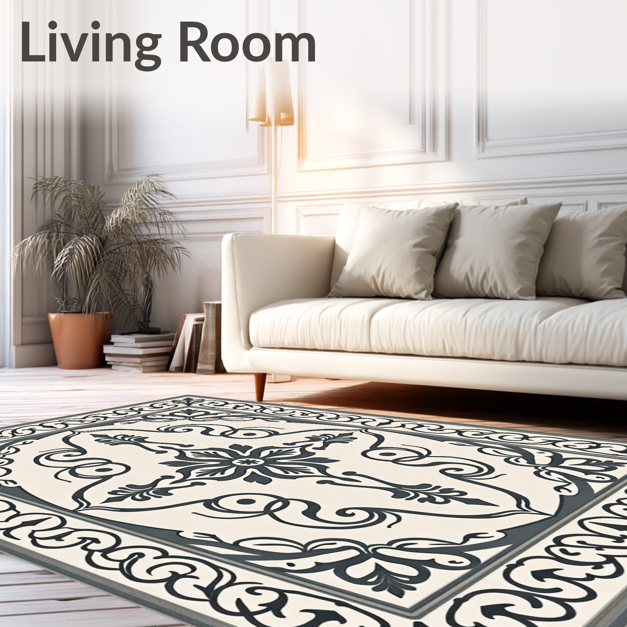 Cream Charcoal Damask Floral Medallion Rug