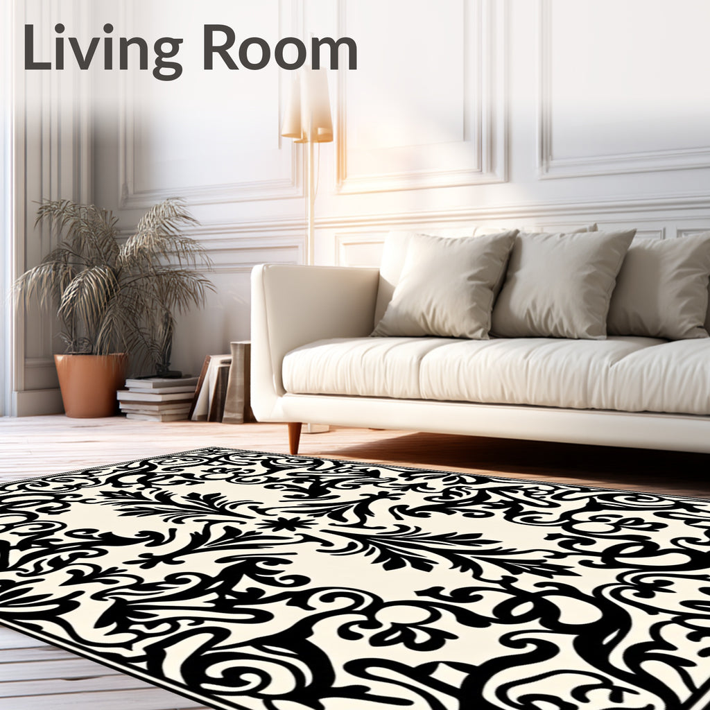 Black Ivory Ornate Damask Area Rug