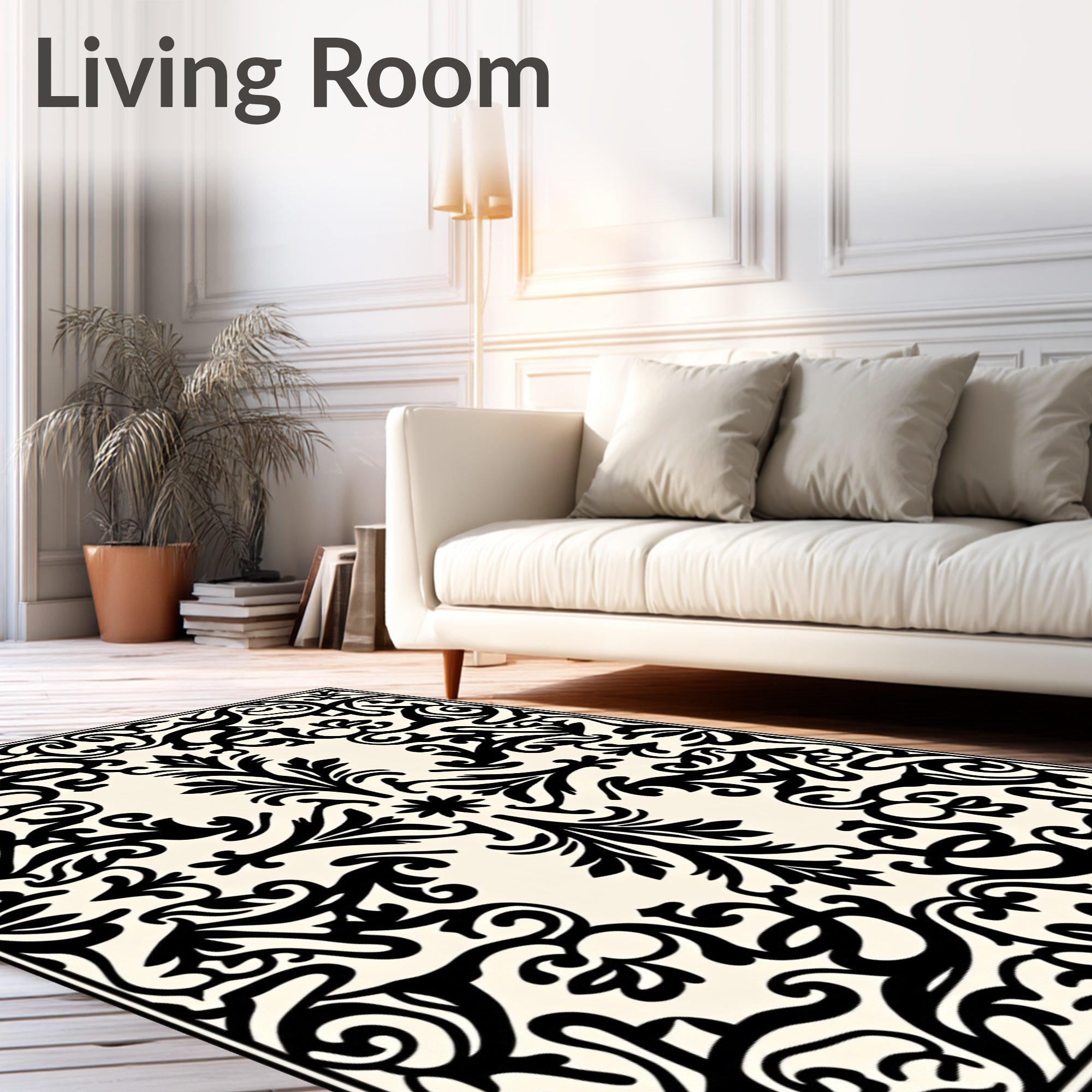 Black Ivory Ornate Damask Area Rug