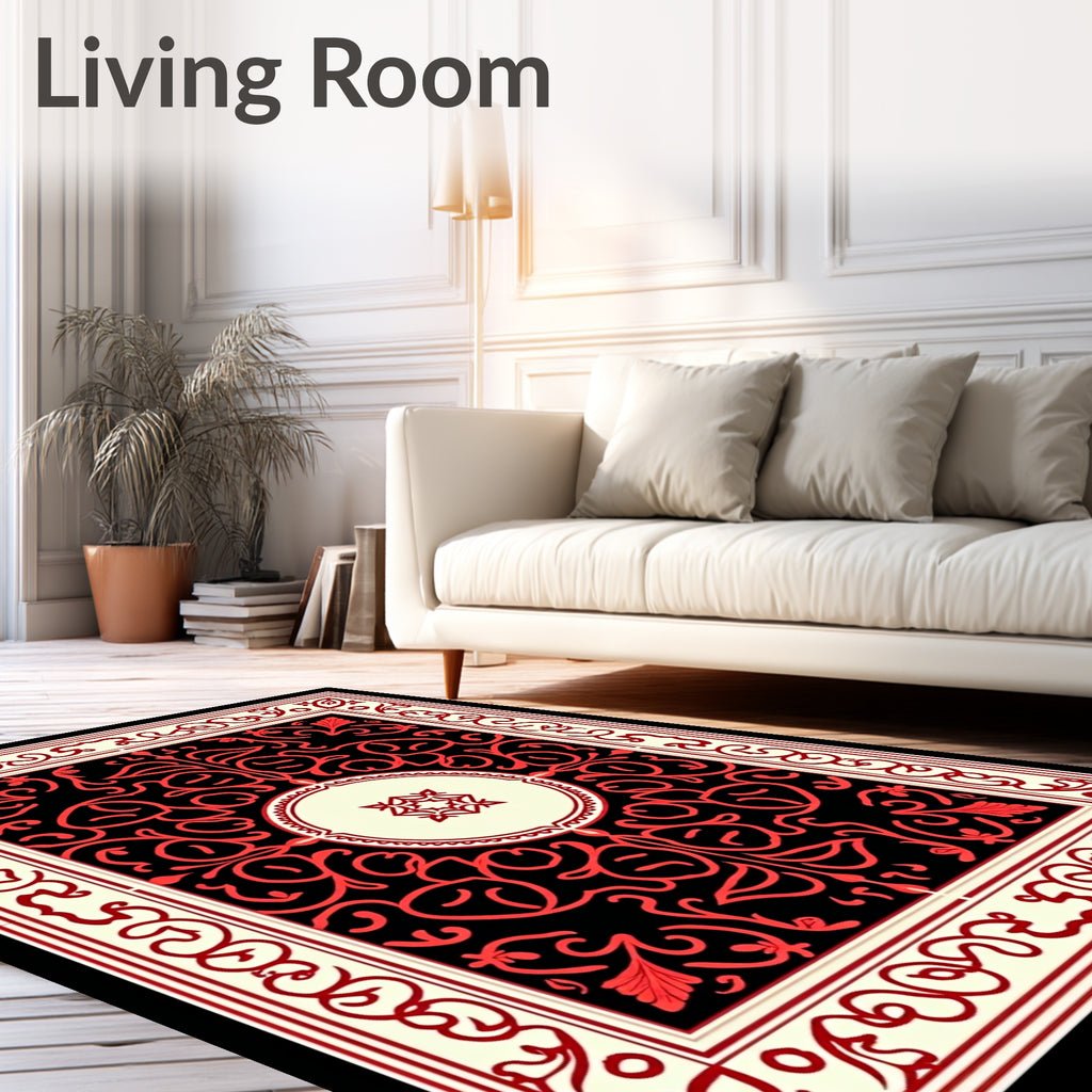 Crimson Black Floral Scroll Medallion Rug