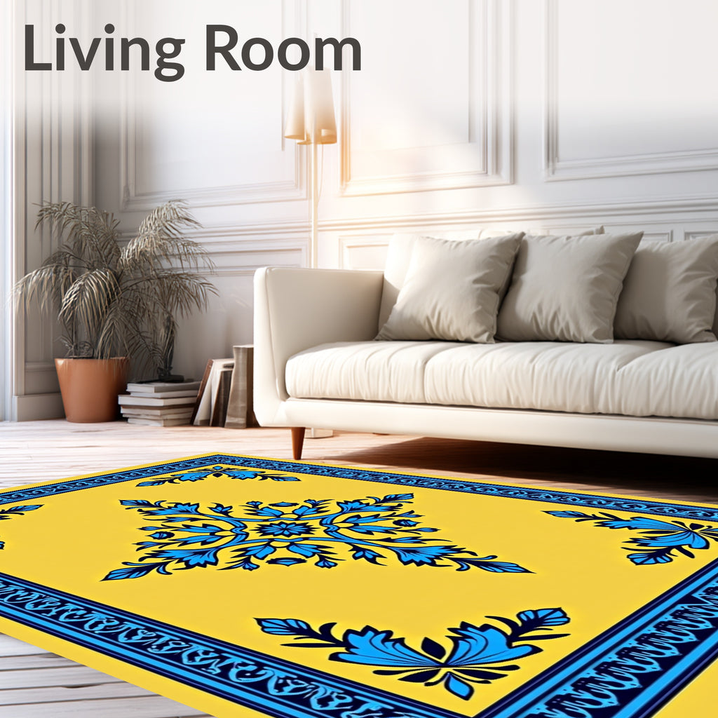Yellow Blue Floral Medallion Frame Rug