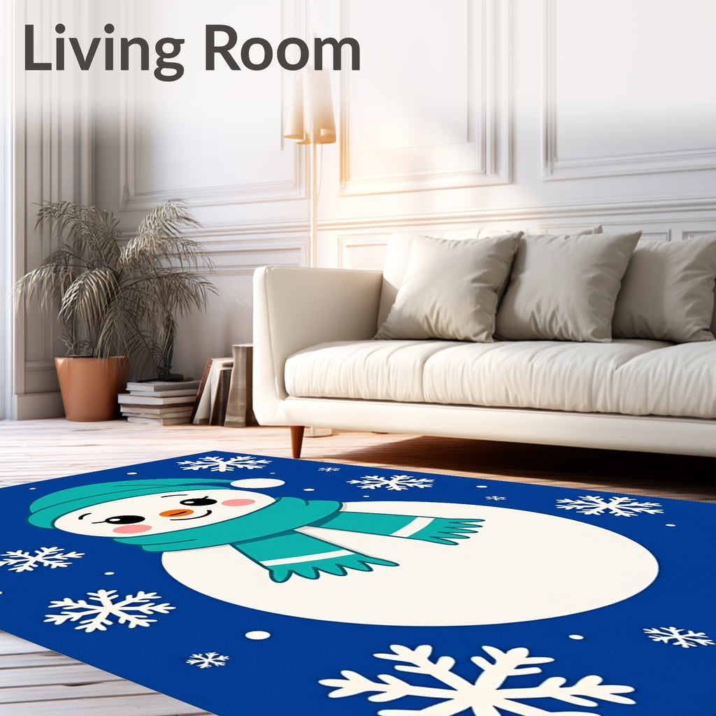 Charming Blue Snowman Snowflake Scene Rug
