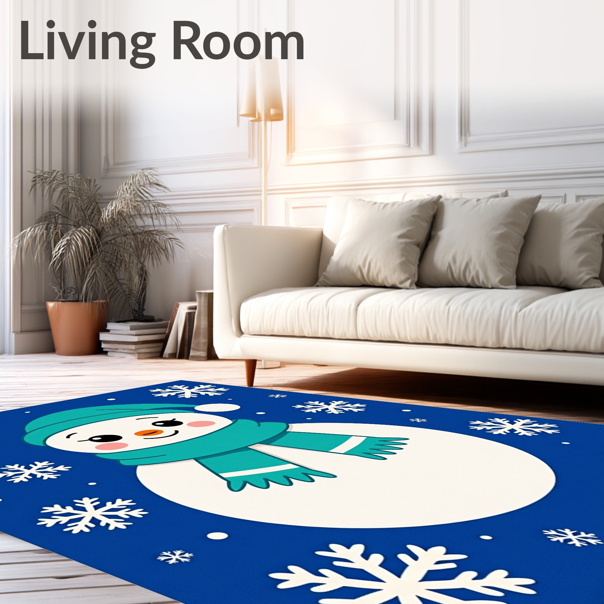 Charming Blue Snowman Snowflake Scene Rug
