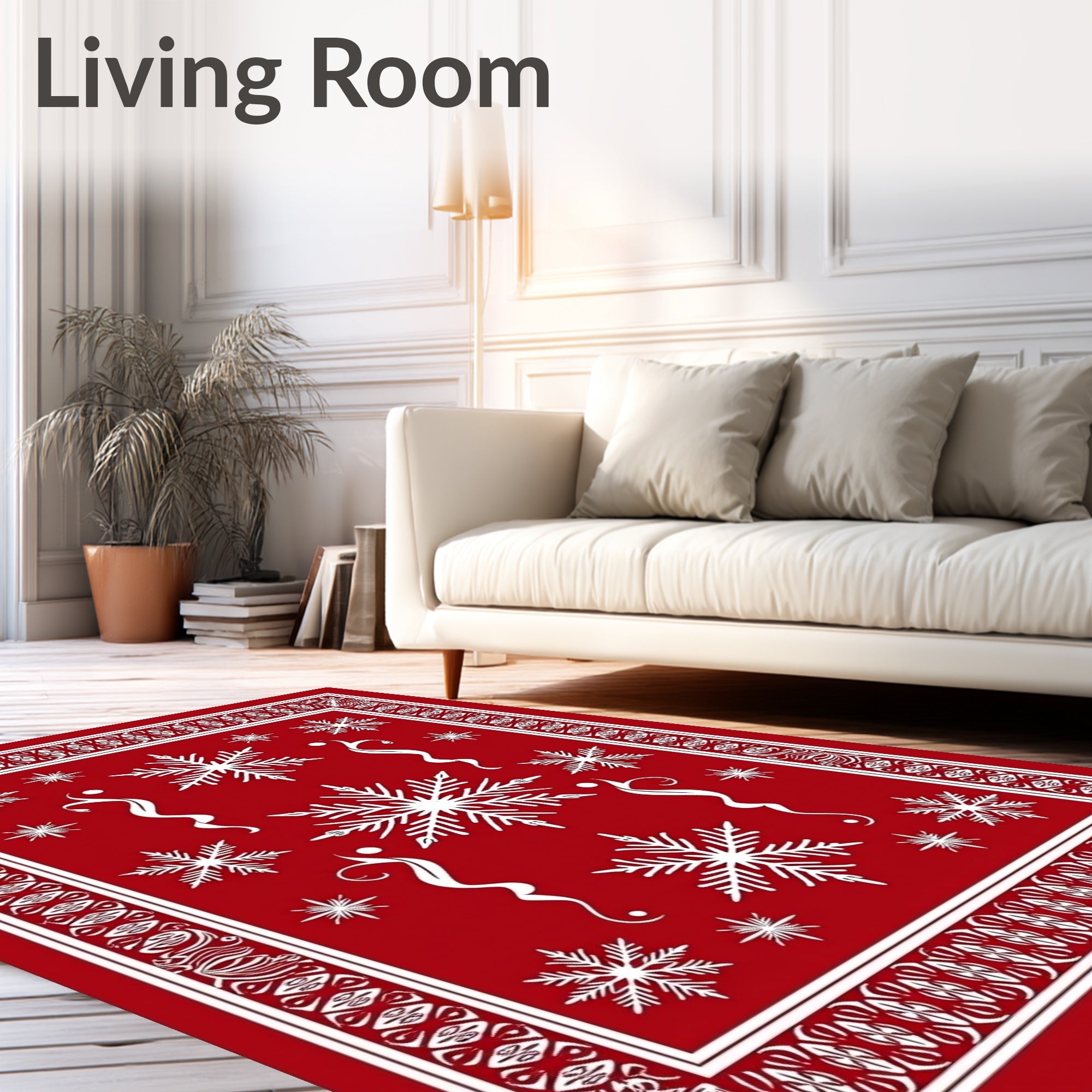 Red White Snowflake Winter Border Rug