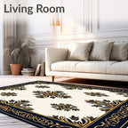 Navy Gold Quatrefoil Floral Border Rug