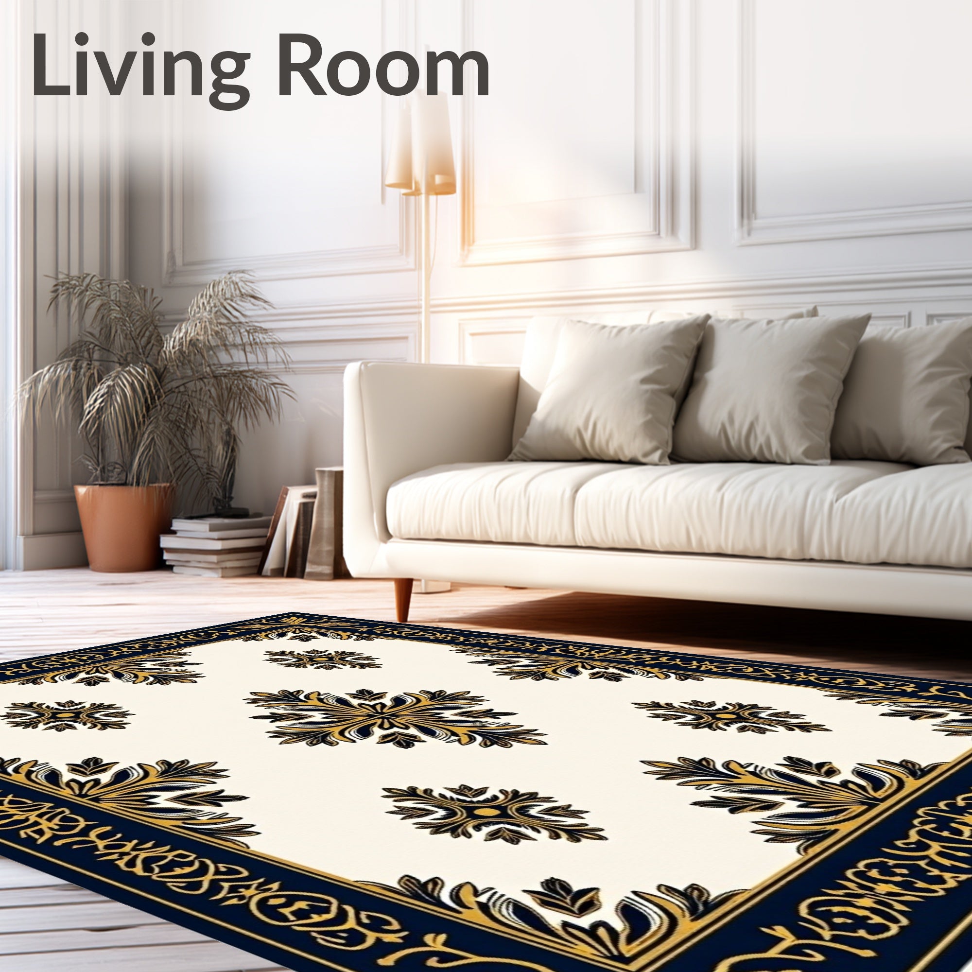 Navy Gold Quatrefoil Floral Border Rug