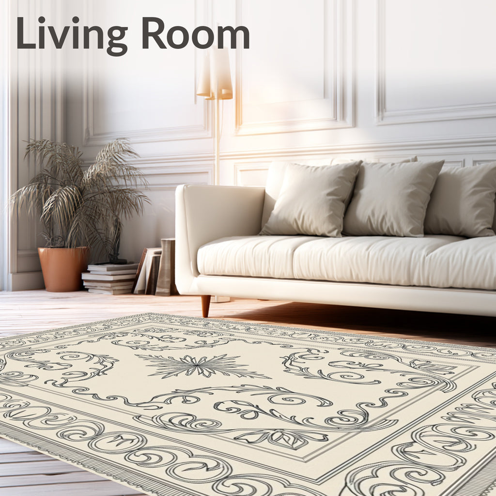 Cream Black Filigree Scrollwork Medallion Rug