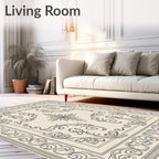Cream Black Filigree Scrollwork Medallion Rug
