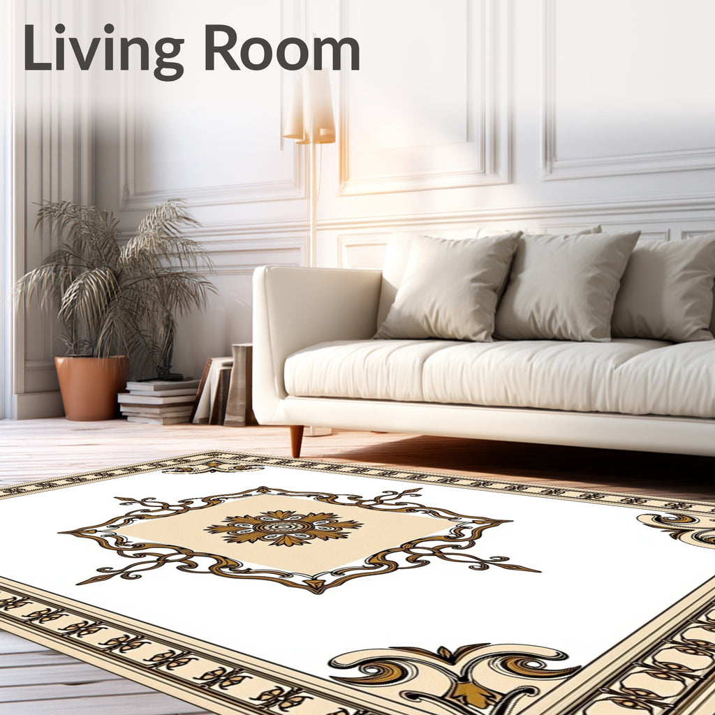 Ornate Golden Floral Medallion Border Rug