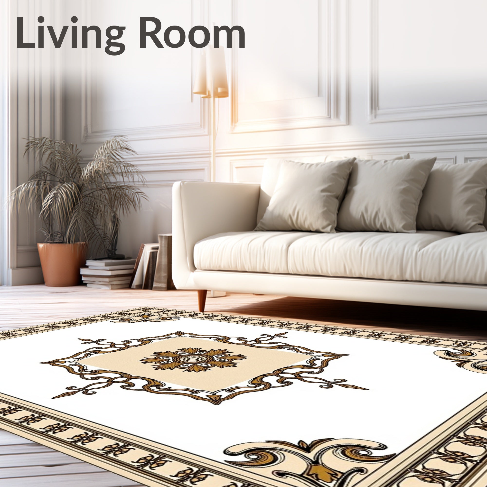 Ornate Golden Floral Medallion Border Rug