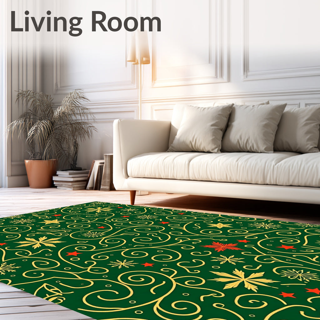 Emerald Green Gold Swirl Snowflake Stars Rug