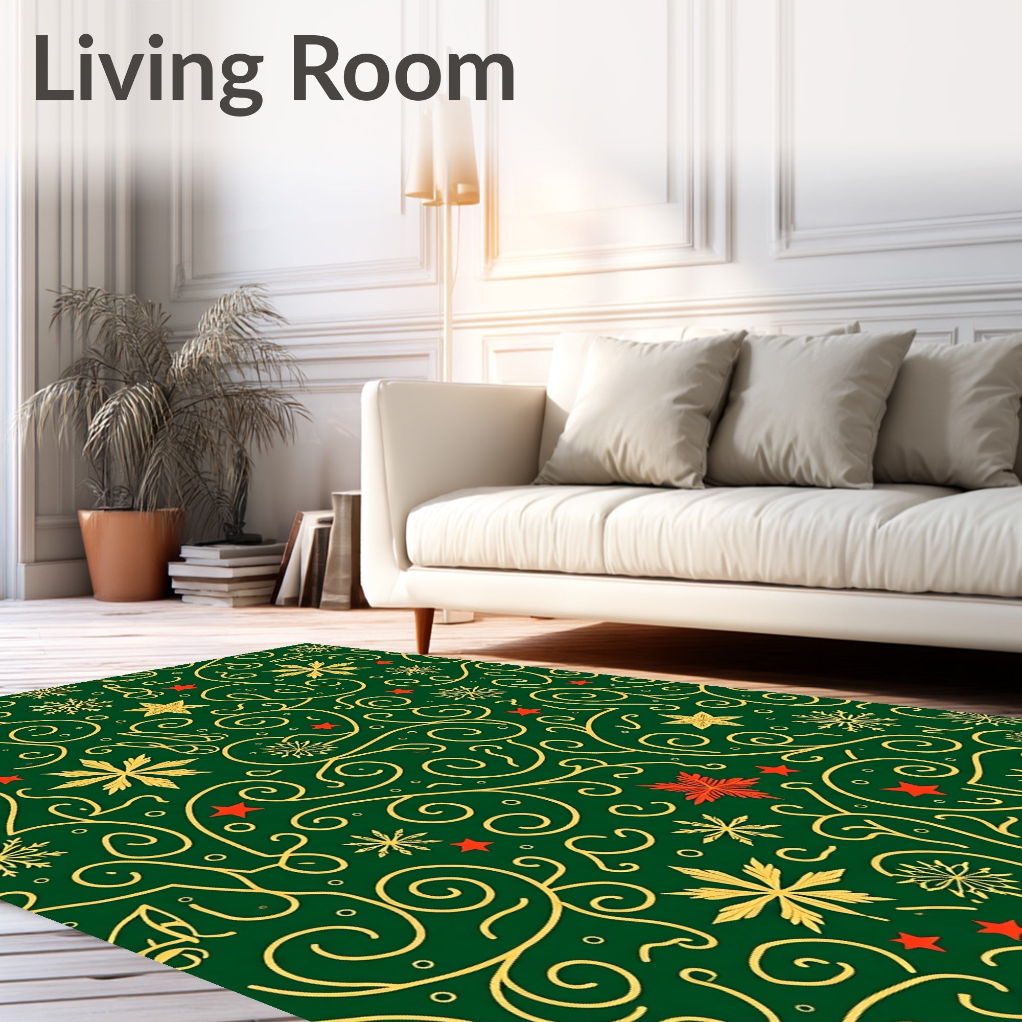 Emerald Green Gold Swirl Snowflake Stars Rug
