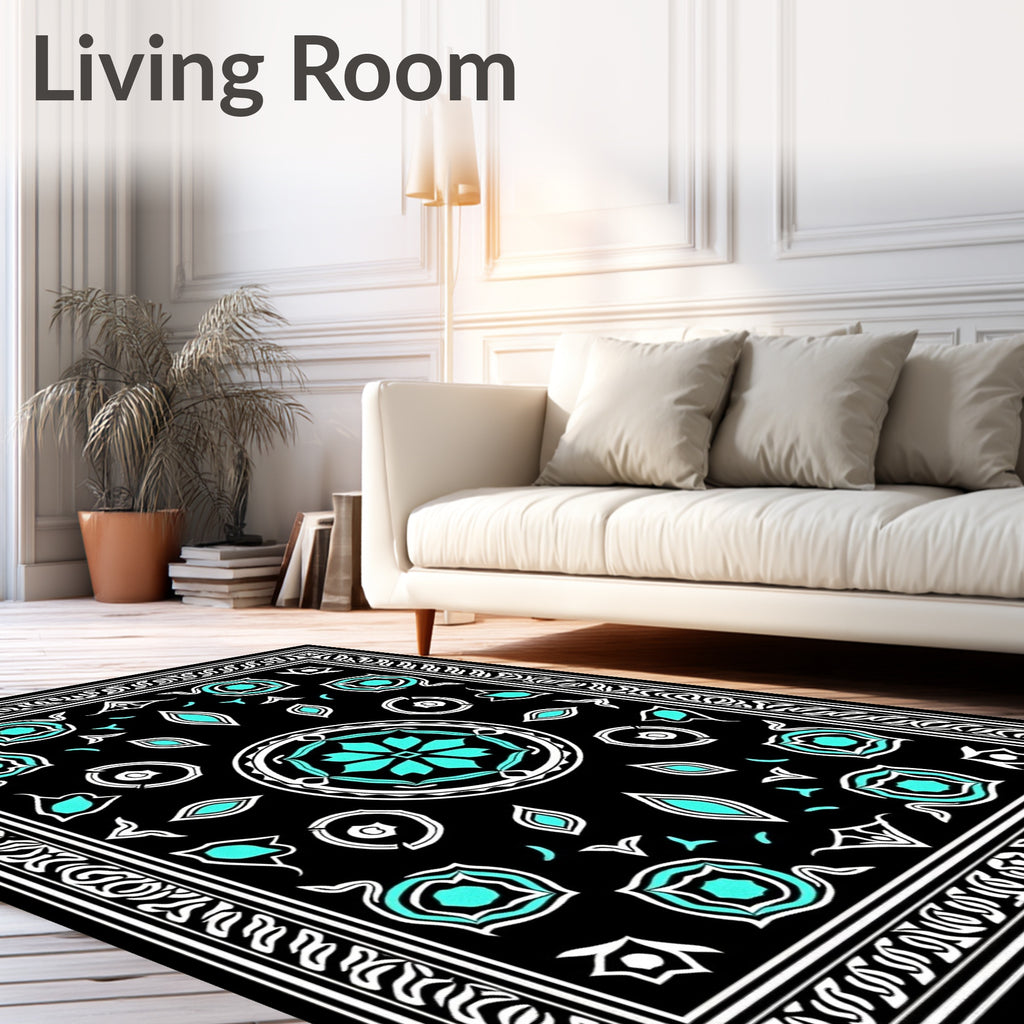 Black Turquoise Floral Medallion Frame Rug