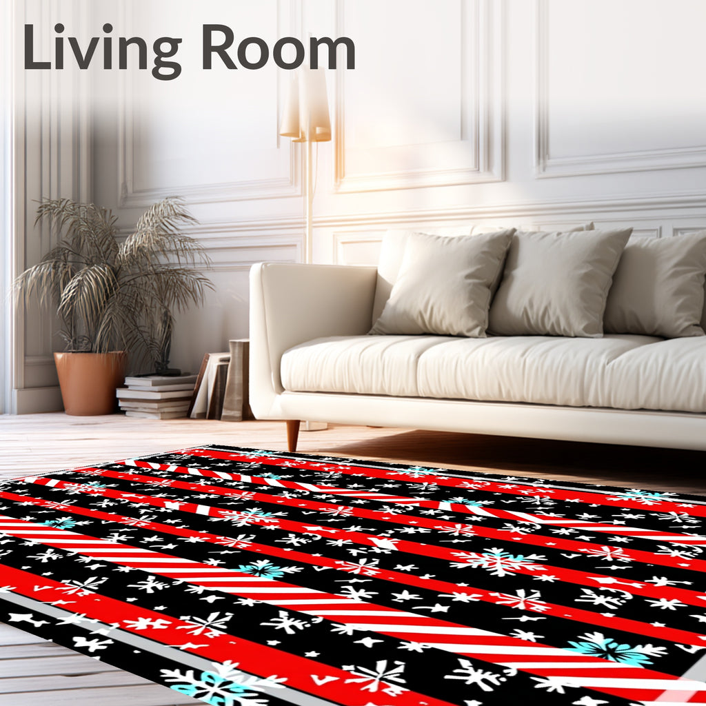 Red Black Snowflake Candy Cane Stripes Rug