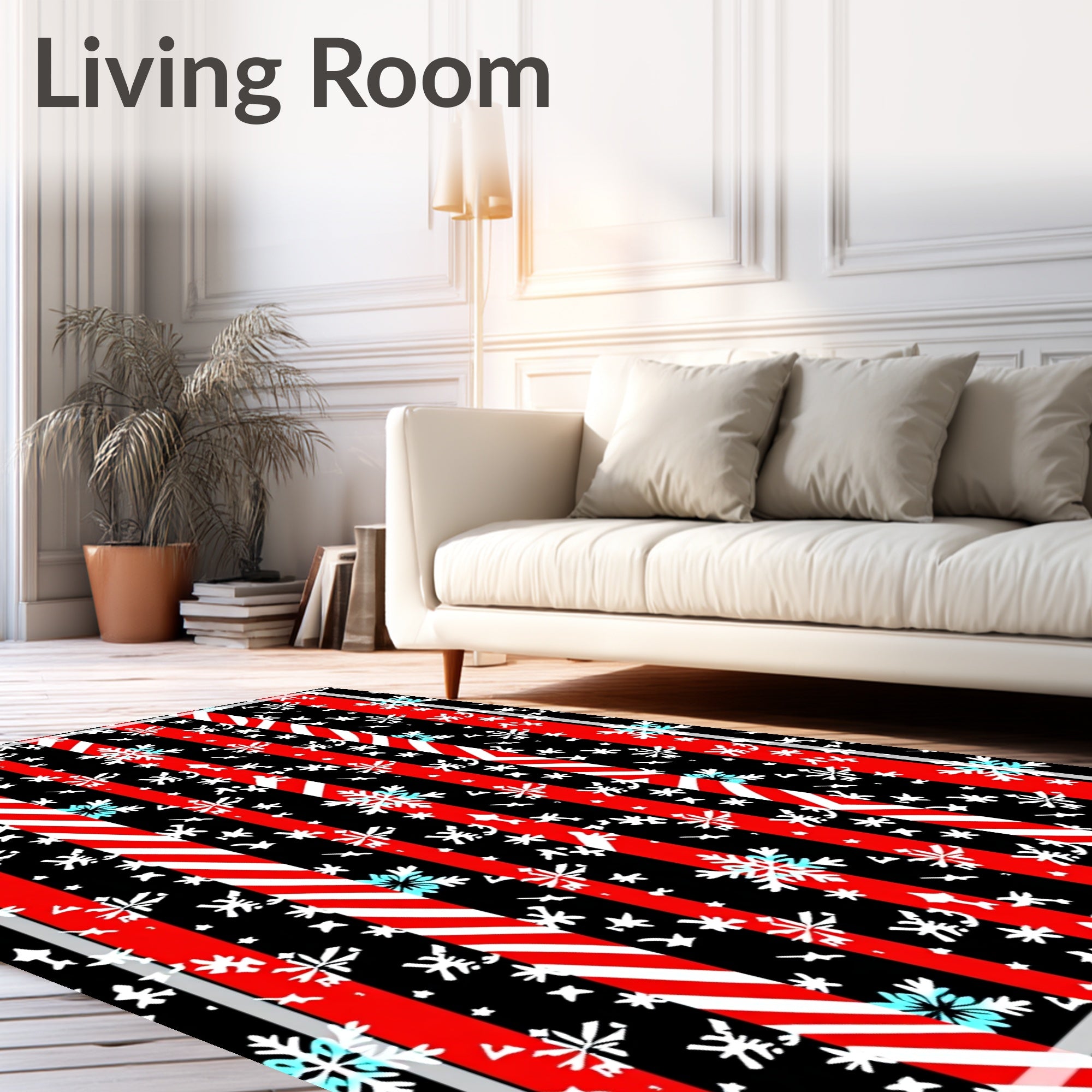 Red Black Snowflake Candy Cane Stripes Rug
