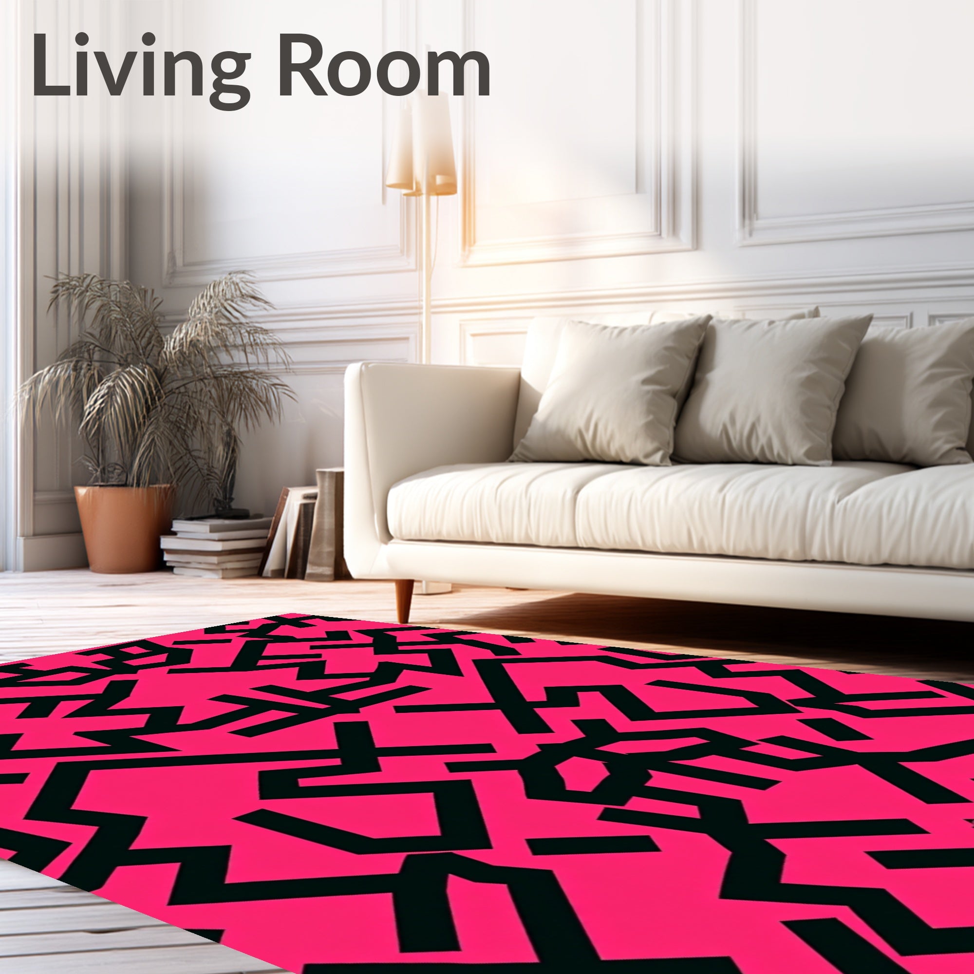 Vibrant Pink Black Geometric Fragment Rug