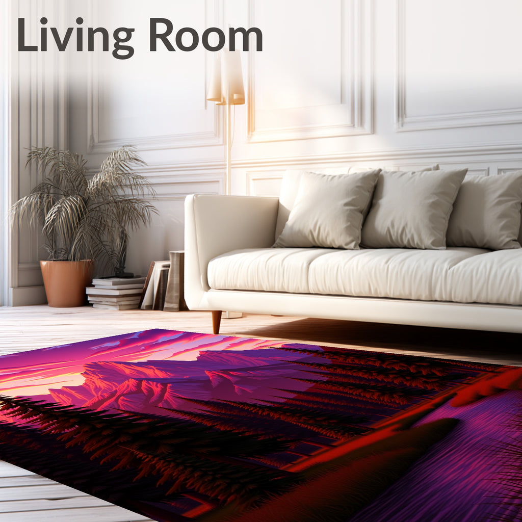 Dramatic Pink Mountain Sunset Forest Scene Rug