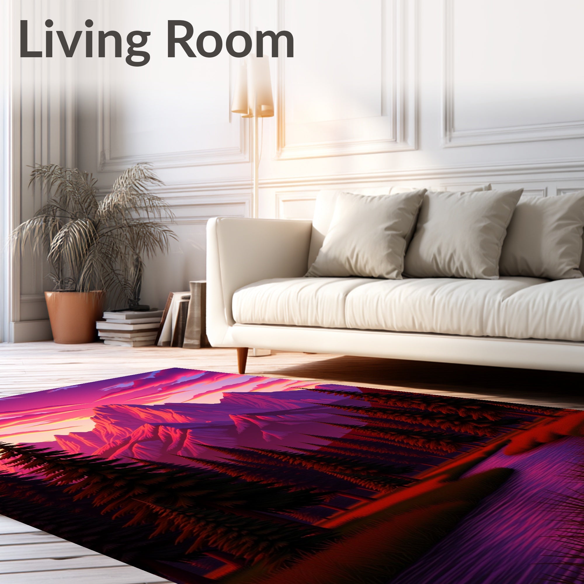 Dramatic Pink Mountain Sunset Forest Scene Rug