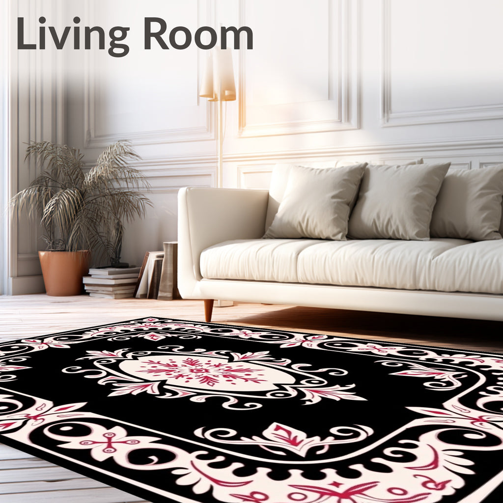 Crimson Floral Medallion Black Cream Rug