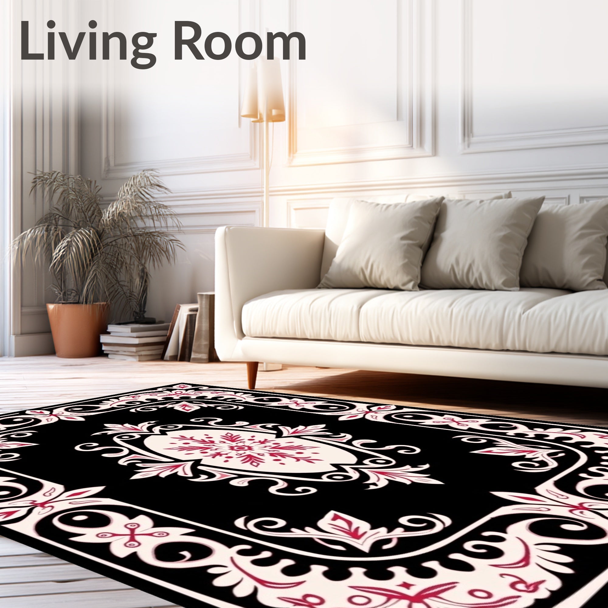 Crimson Floral Medallion Black Cream Rug