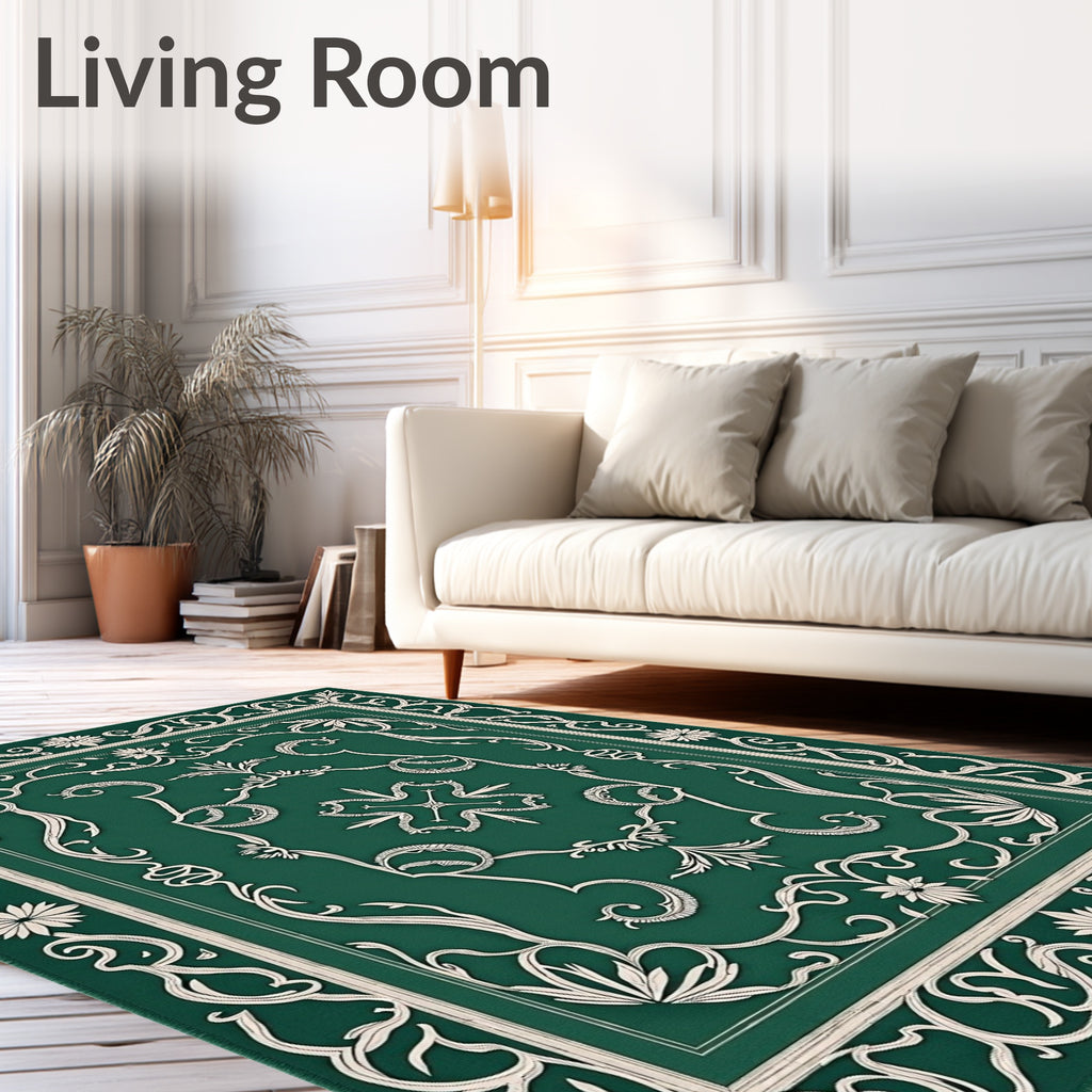 Emerald Green Ivory Floral Border Rug