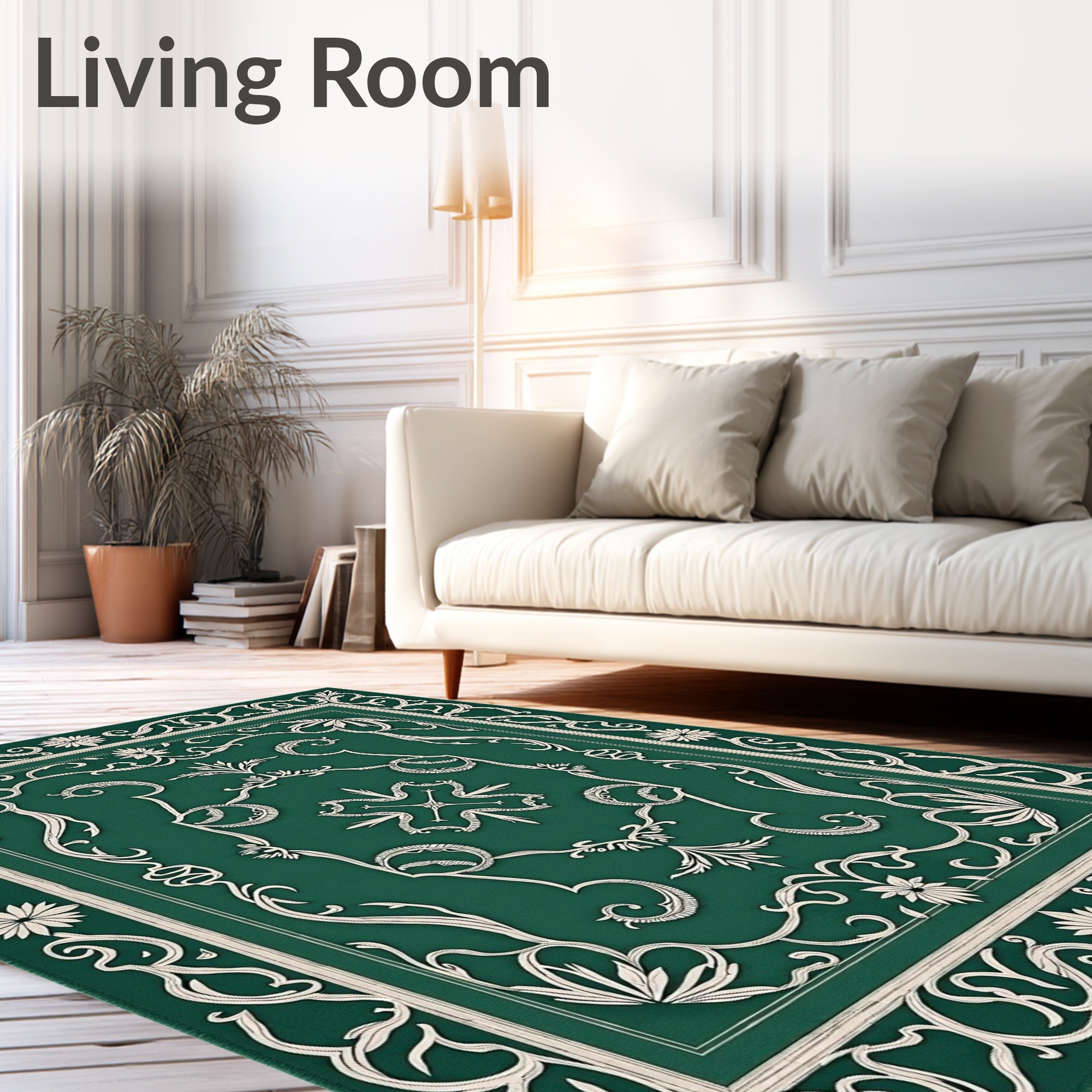 Emerald Green Ivory Floral Border Rug