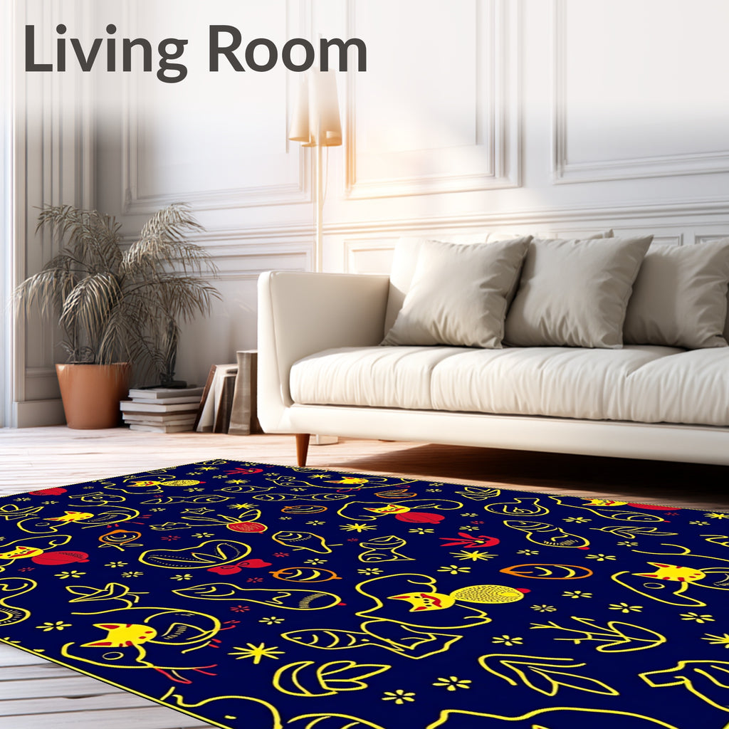 Playful Yellow Cat Red Floral Navy Rug