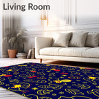 Playful Yellow Cat Red Floral Navy Rug
