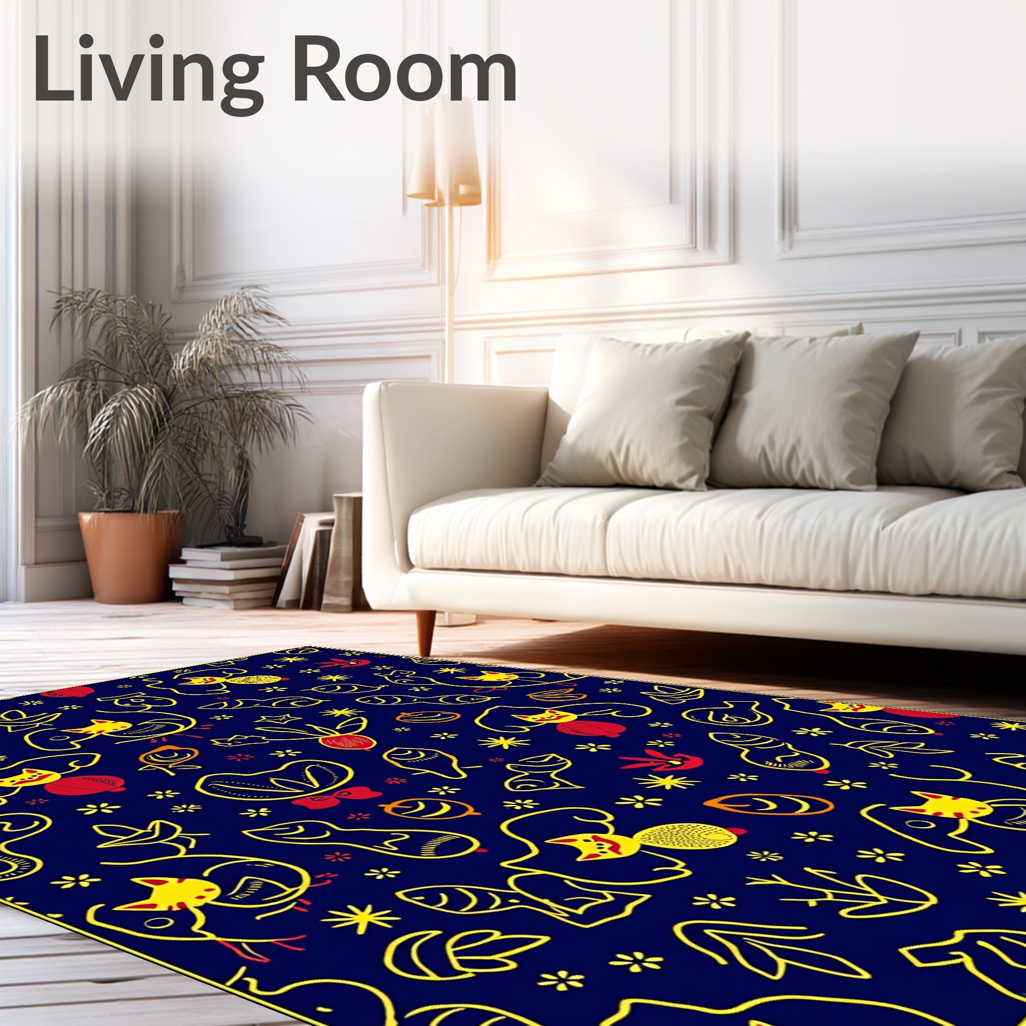Playful Yellow Cat Red Floral Navy Rug