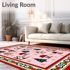 Pink Christmas Village Stars Houses Rug