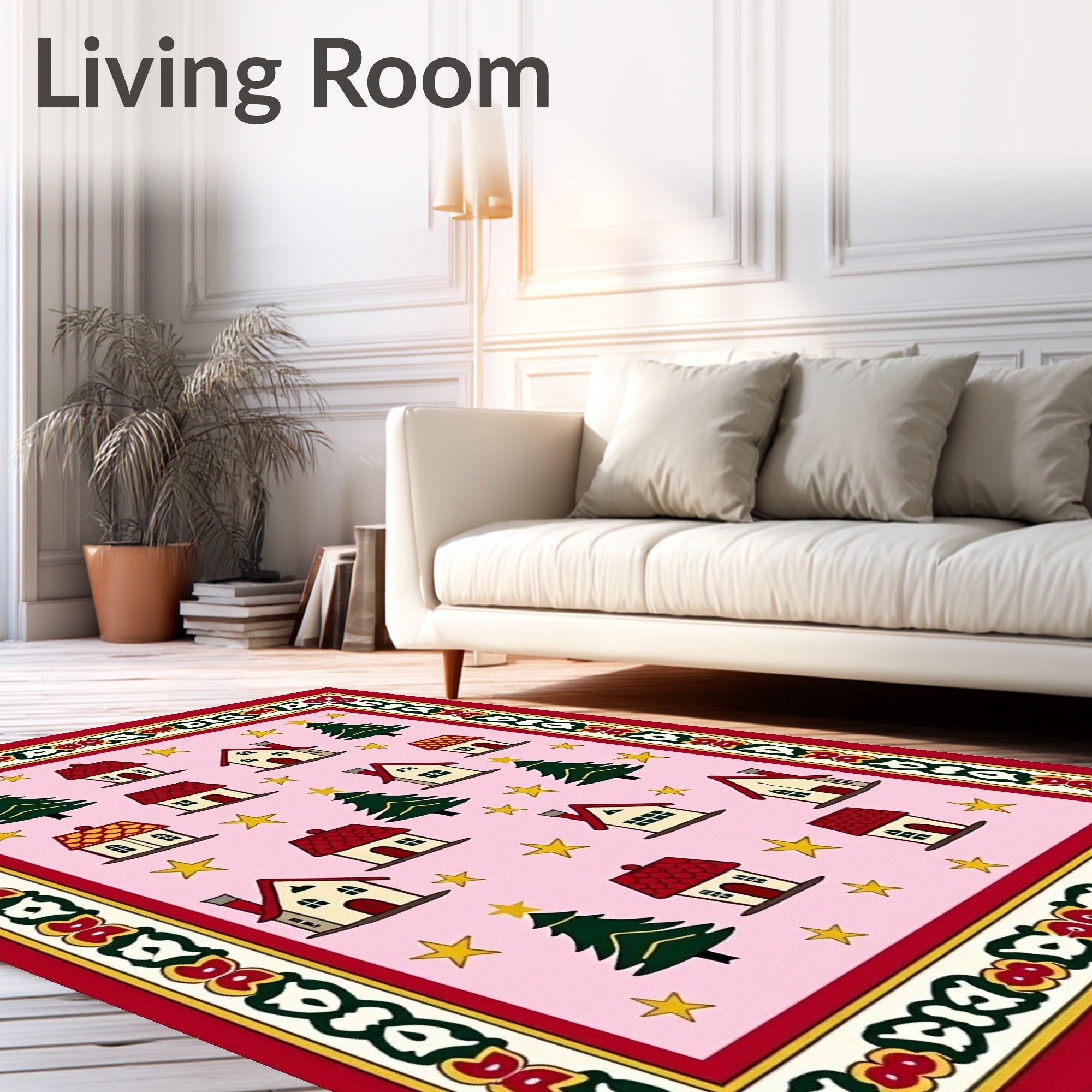 Pink Christmas Village Stars Houses Rug